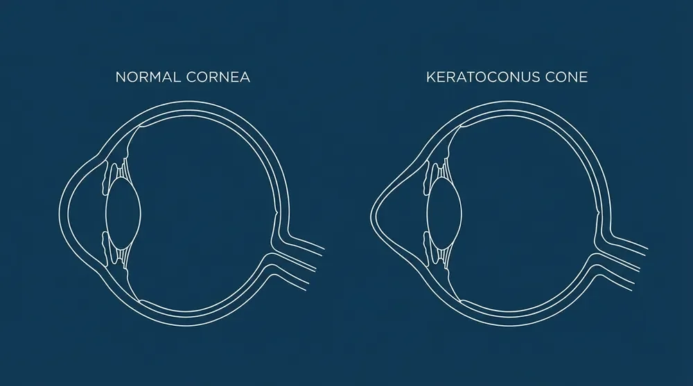 Comparison diagram of eye anatomy showing a normal cornea and a keratoconus cone.