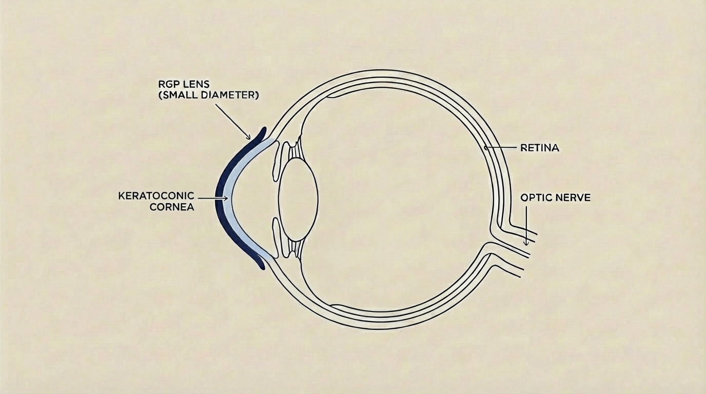 Diagram of the human eye showing the cornea, RGP lens, retina, and optic nerve.