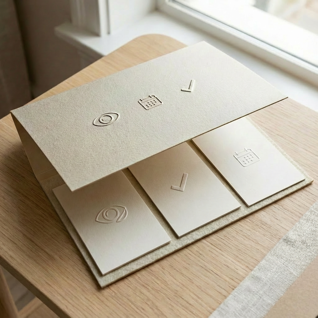 Cream-colored textured paper with embossed icons of a circle, calendar, and check mark, placed on a wooden table near a window.