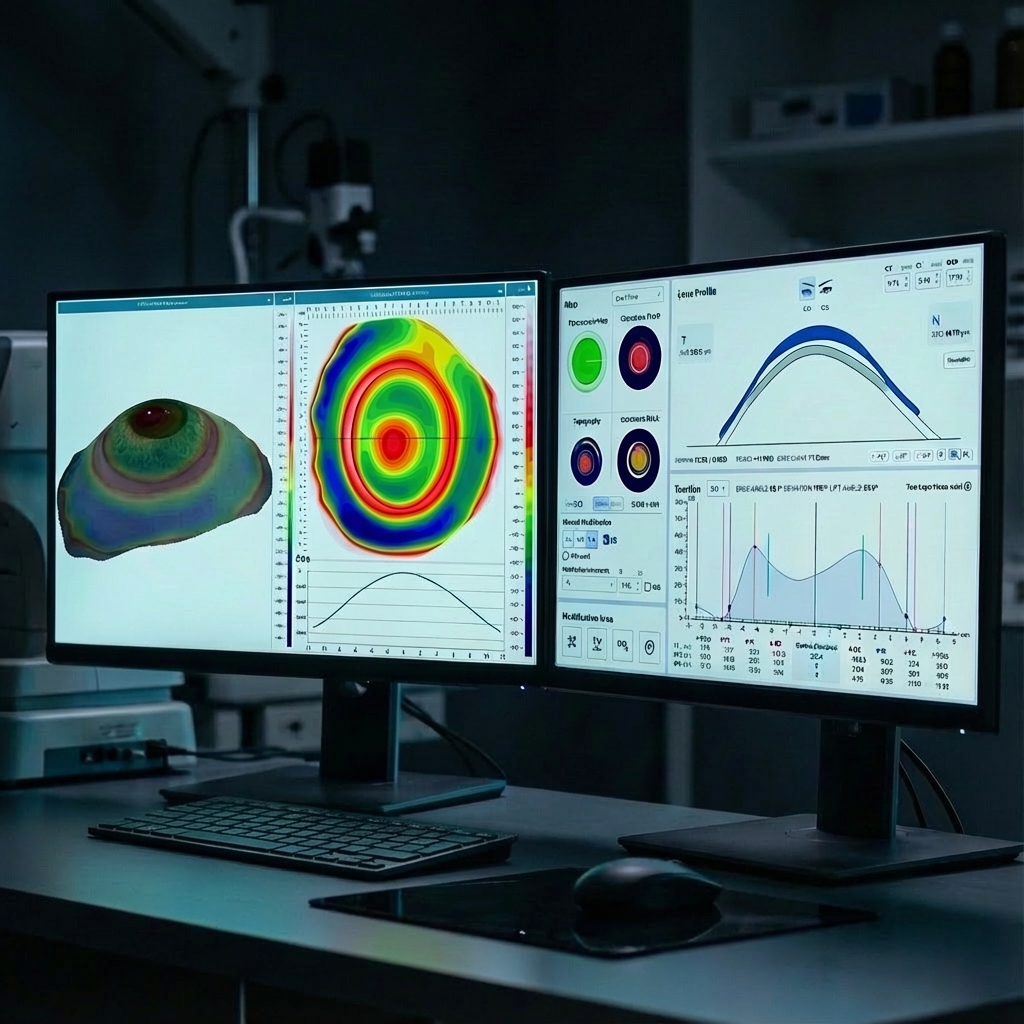 Two computer monitors displaying scientific data, including colorful 3D and 2D visualizations of a shell and topographical maps, with charts and graphs related to research.