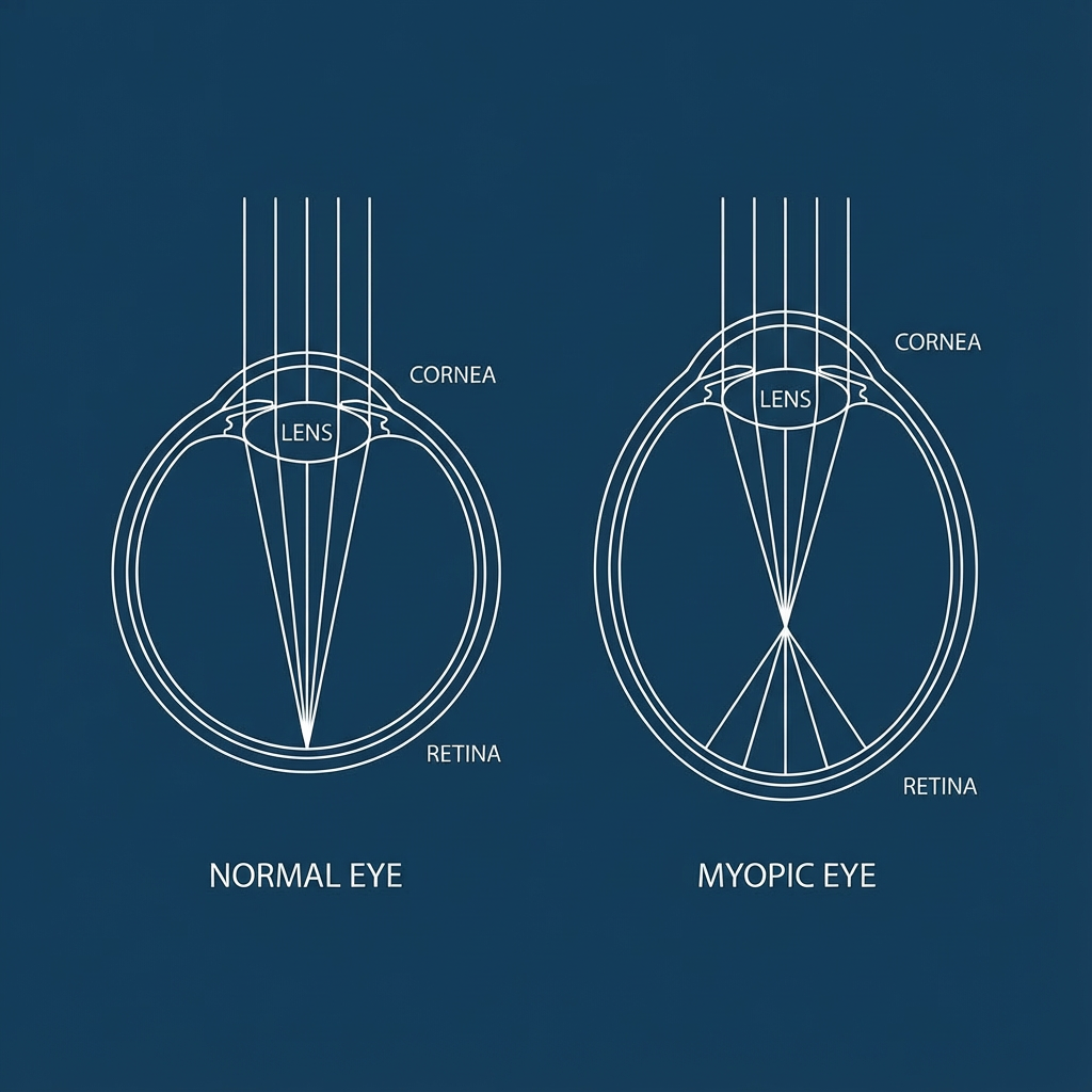Diagram comparing a normal eye and a myopic eye, showing how light focuses differently on the retina in each case.