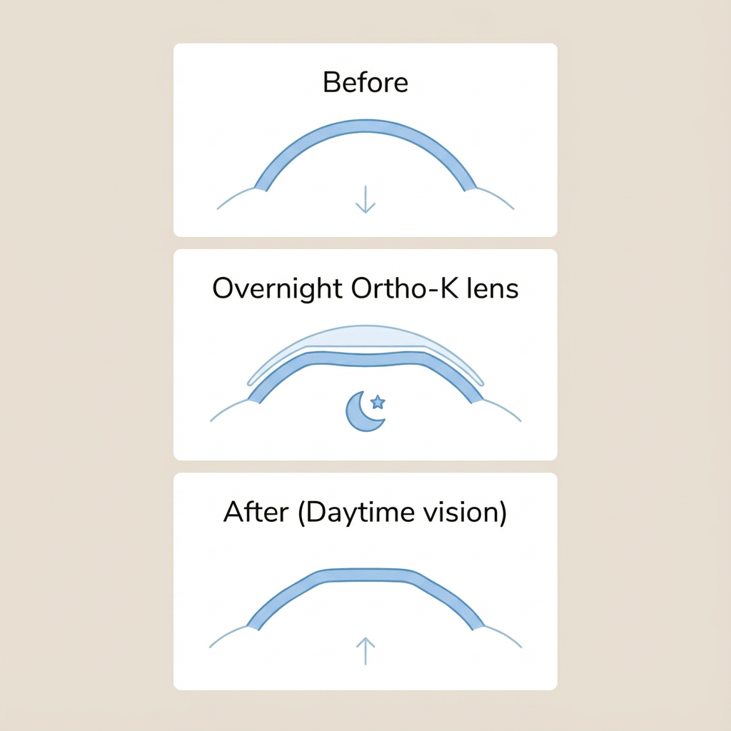 Diagram showing the transition from glasses with a bowed lens shape labeled 'Before', to multiple corrected lenses labeled 'Overnight Ortho-K lens', and finally to a flat lens shape labeled 'After (Daytime vision)'.