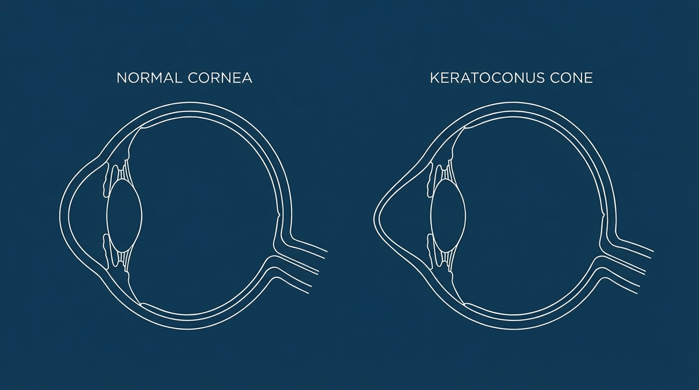Comparison diagram of eye anatomy showing a normal cornea and a keratoconus cone.