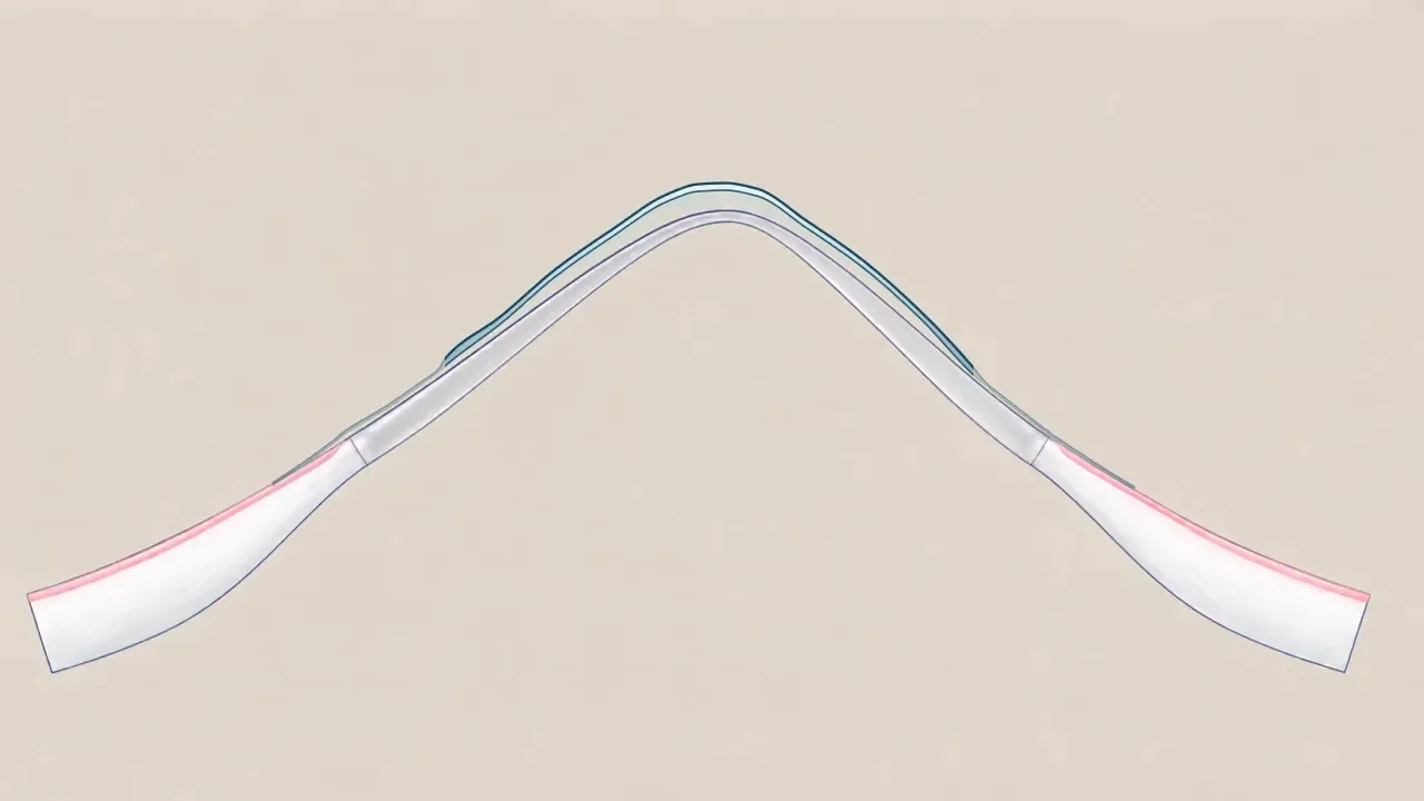 Representative hybrid contact lens with one joined rigid centre and soft outer skirt over the same keratoconic cornea. Fit varies by design.