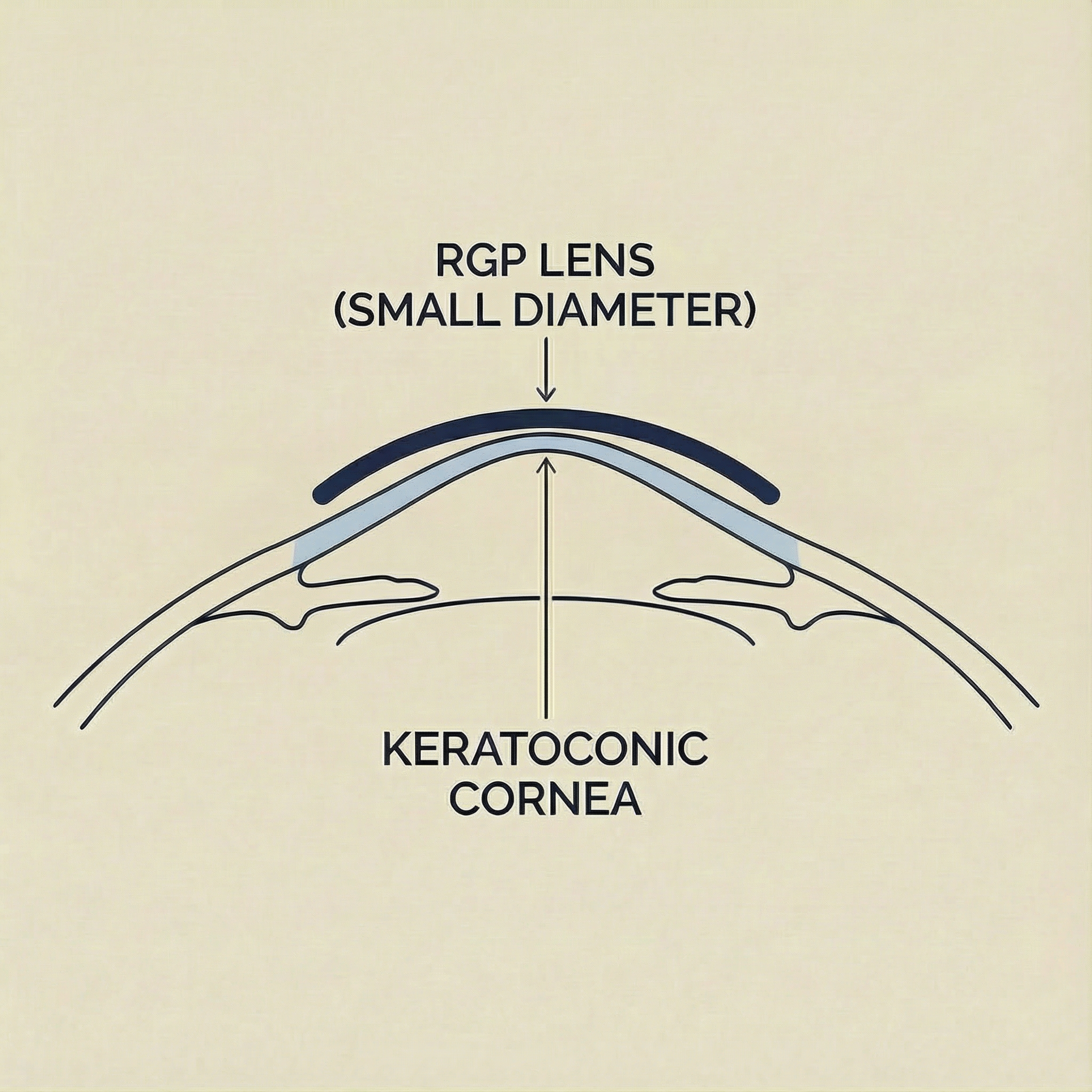 Diagram of an eye showing the placement of a small-diameter RGP lens on the keratoconic cornea.