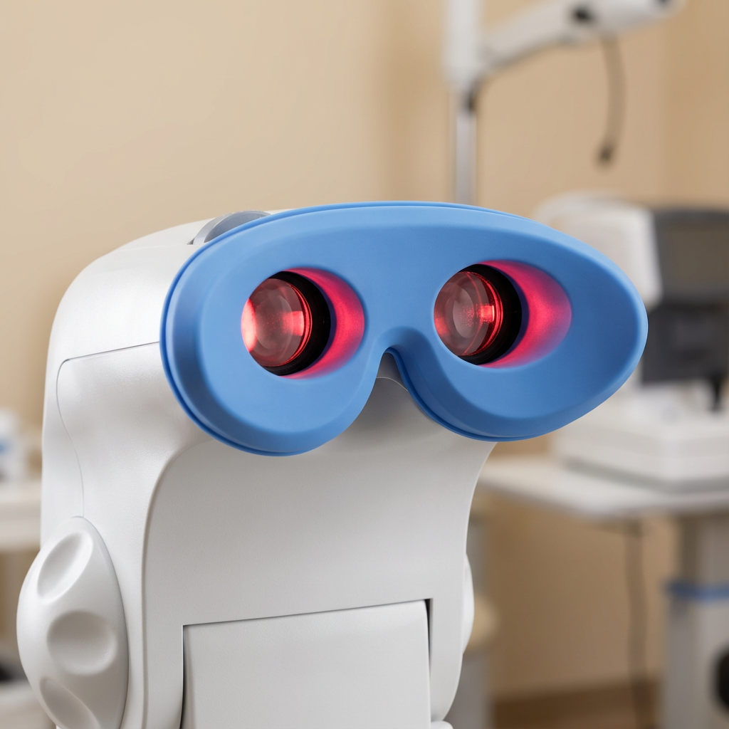 Close-up of a medical or scientific device with two red laser or LED lights, a blue frame, and a white body, set in a clinical or laboratory setting.