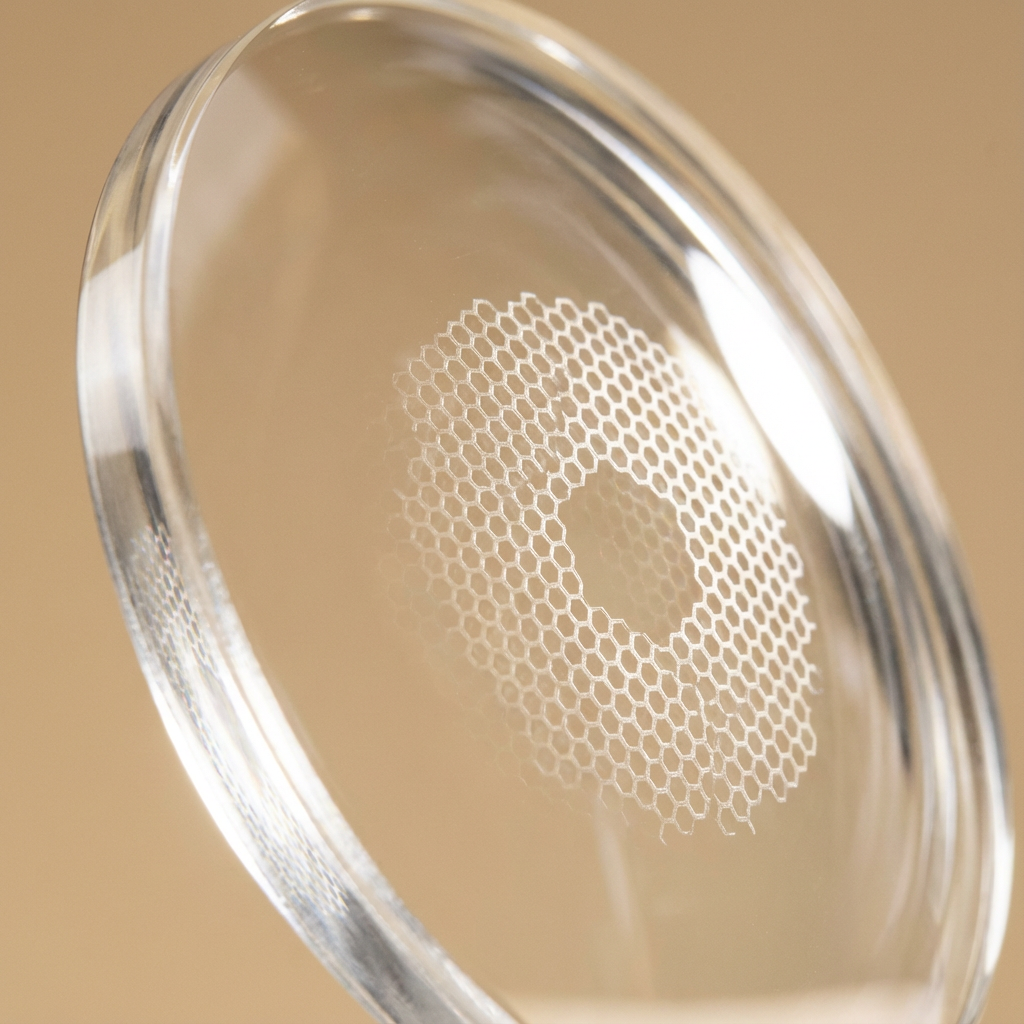 A close-up view of a glass coffee filter with a honeycomb pattern for brewing coffee.