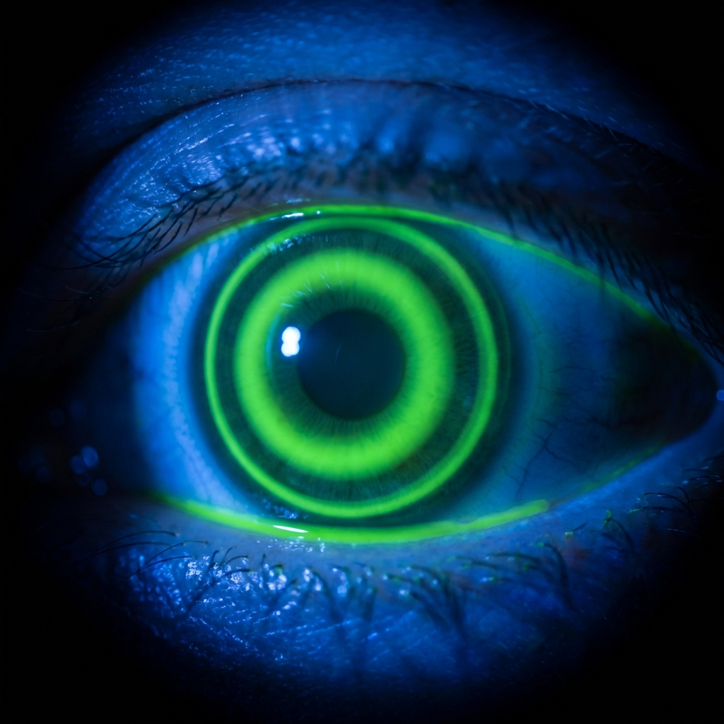 Image of Orthokeratology lens fit on cornea under bluer light and fluorescein dye
