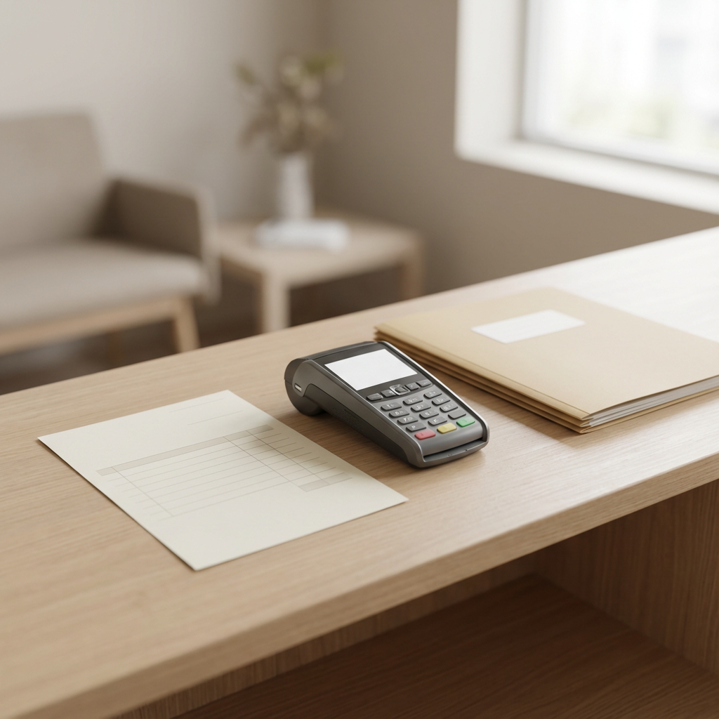 Point of sale terminal on a wooden counter with a notepad and folders, in a room with a beige chair and a window.