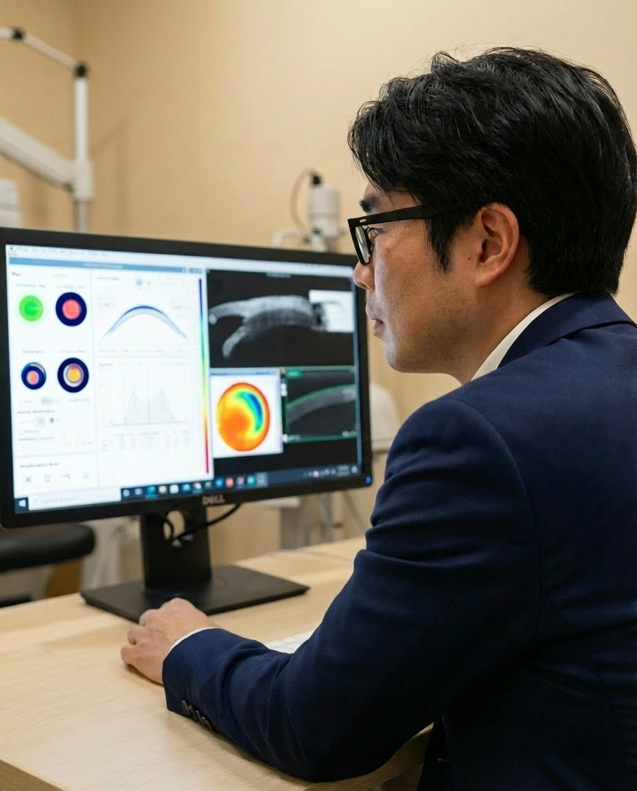 A male scientist or researcher in a dark suit and glasses studying brain scan images on a computer monitor in a laboratory setting.