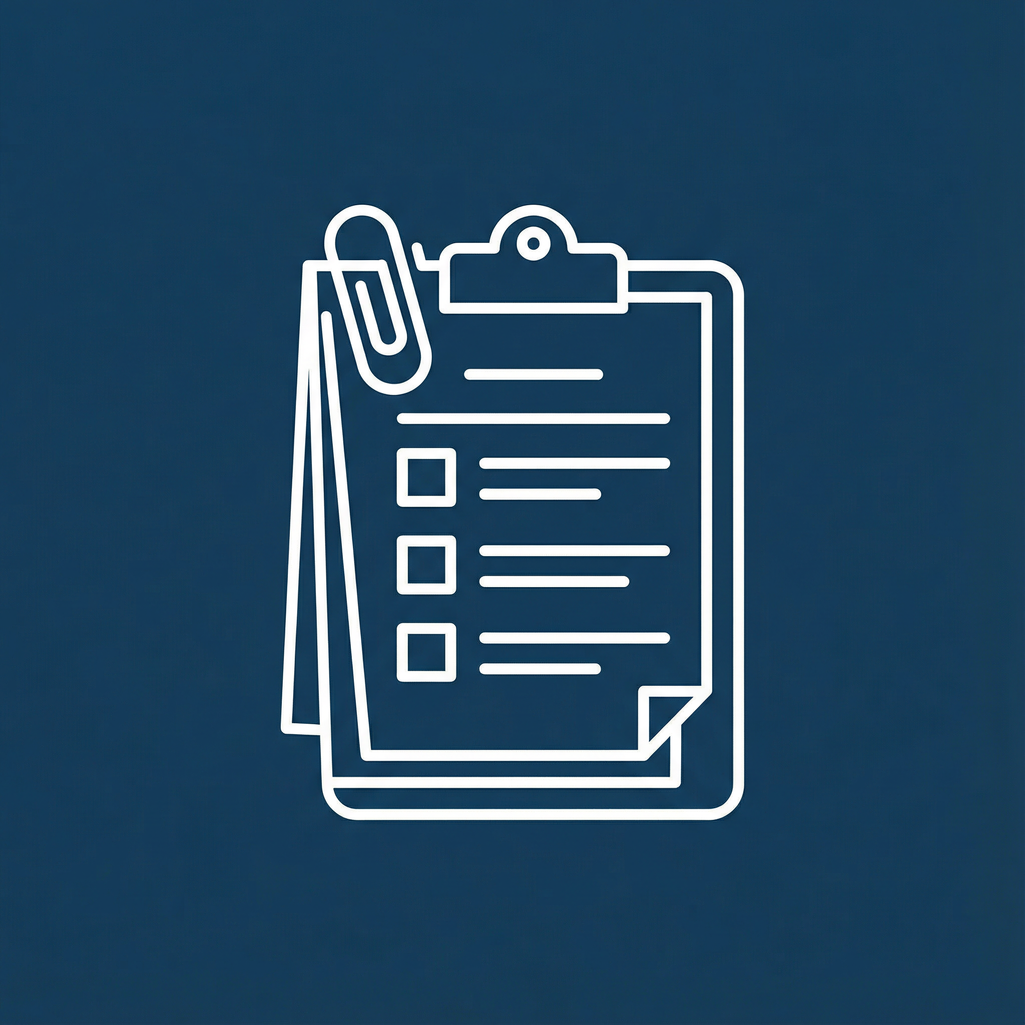 Outline icon of a clipboard with a checklist, paperclip, and a sheet of paper.