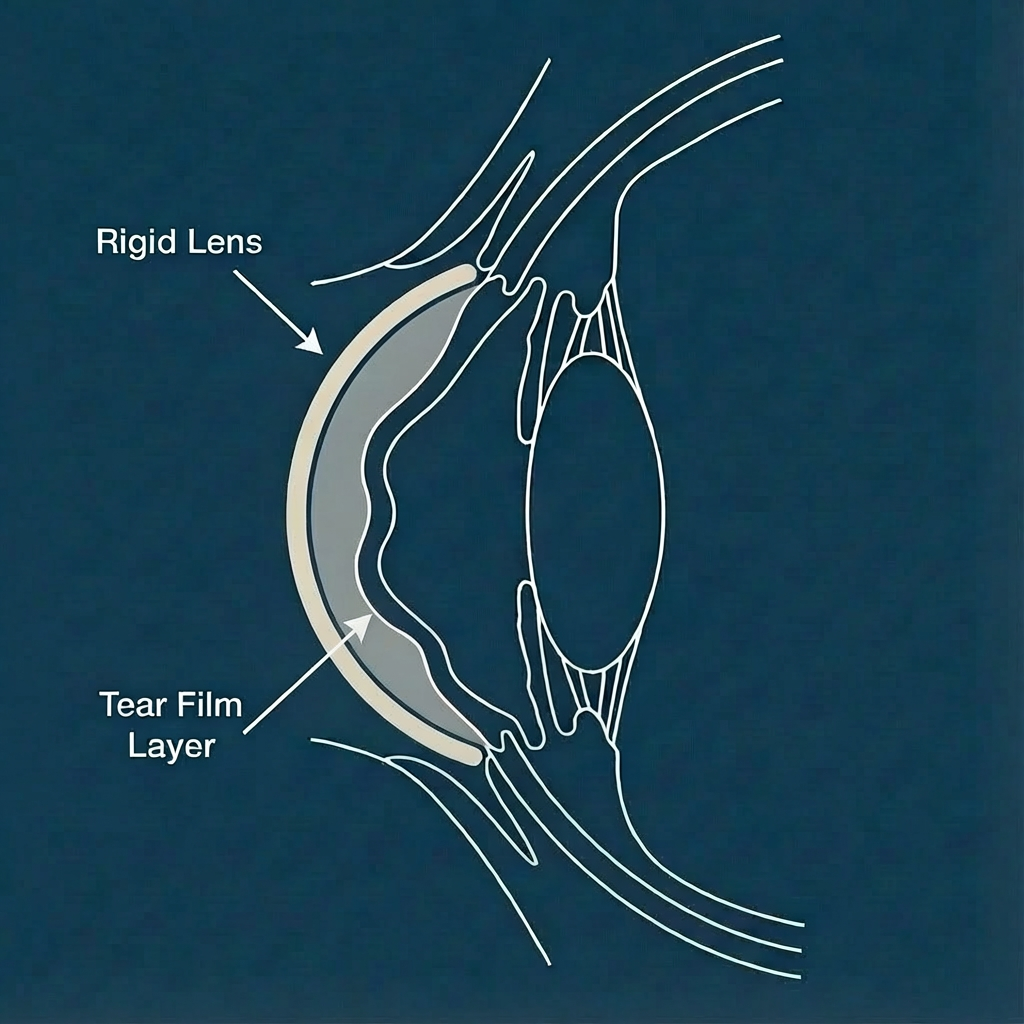 Diagram of a human eye with labels pointing to the rigid lens and tear film layer.