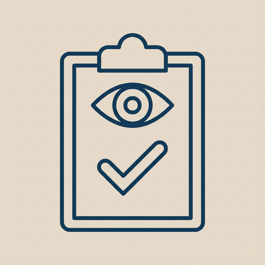 Icon of an eye with a target in the center above a checkmark, on a clipboard.