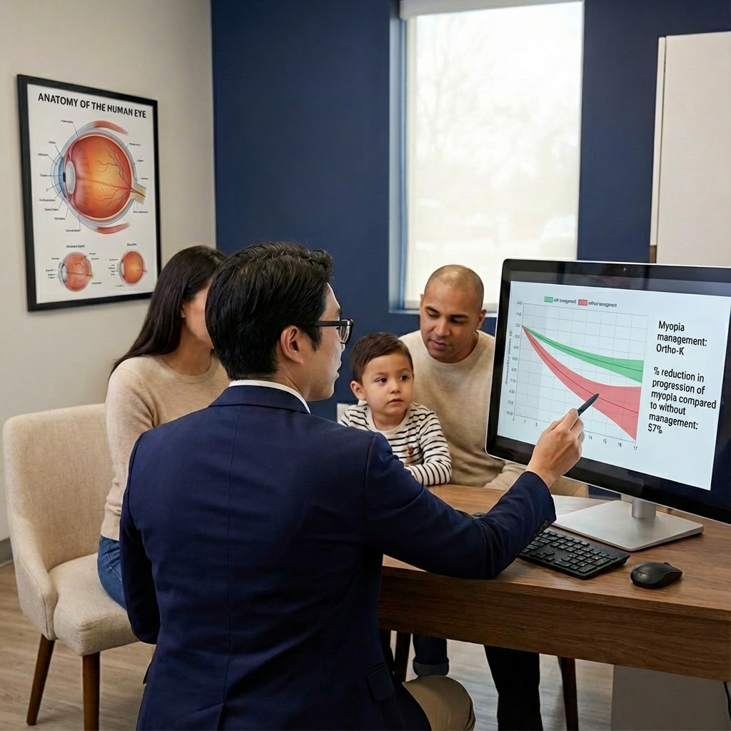 A doctor explaining eye health data to a family in an office, with a diagram of the human eye on the wall and a computer screen displaying a graph related to myopia management.