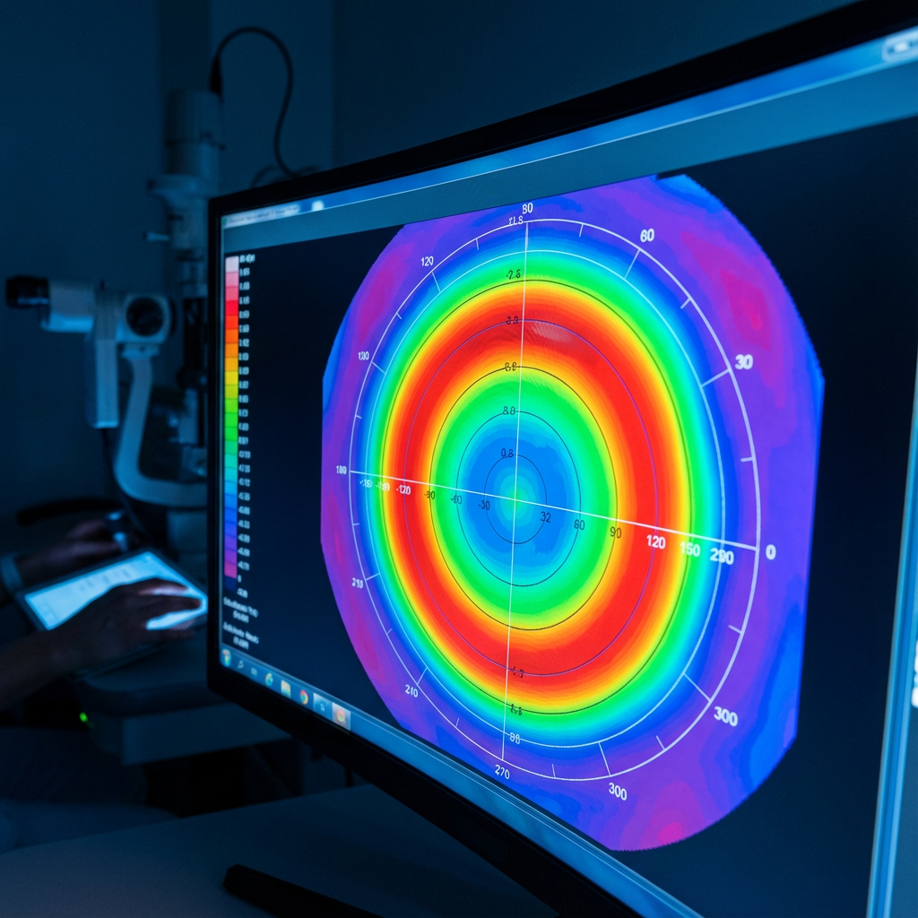 Colorful radar scan or scientific data visualization displayed on a computer monitor in a dark room.