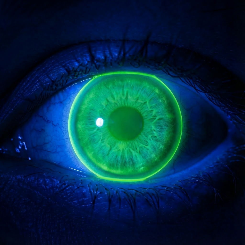 Close-up of a human eye under fluorescence, showing a green iris and blue sclera, with detailed eyelashes and skin textures.