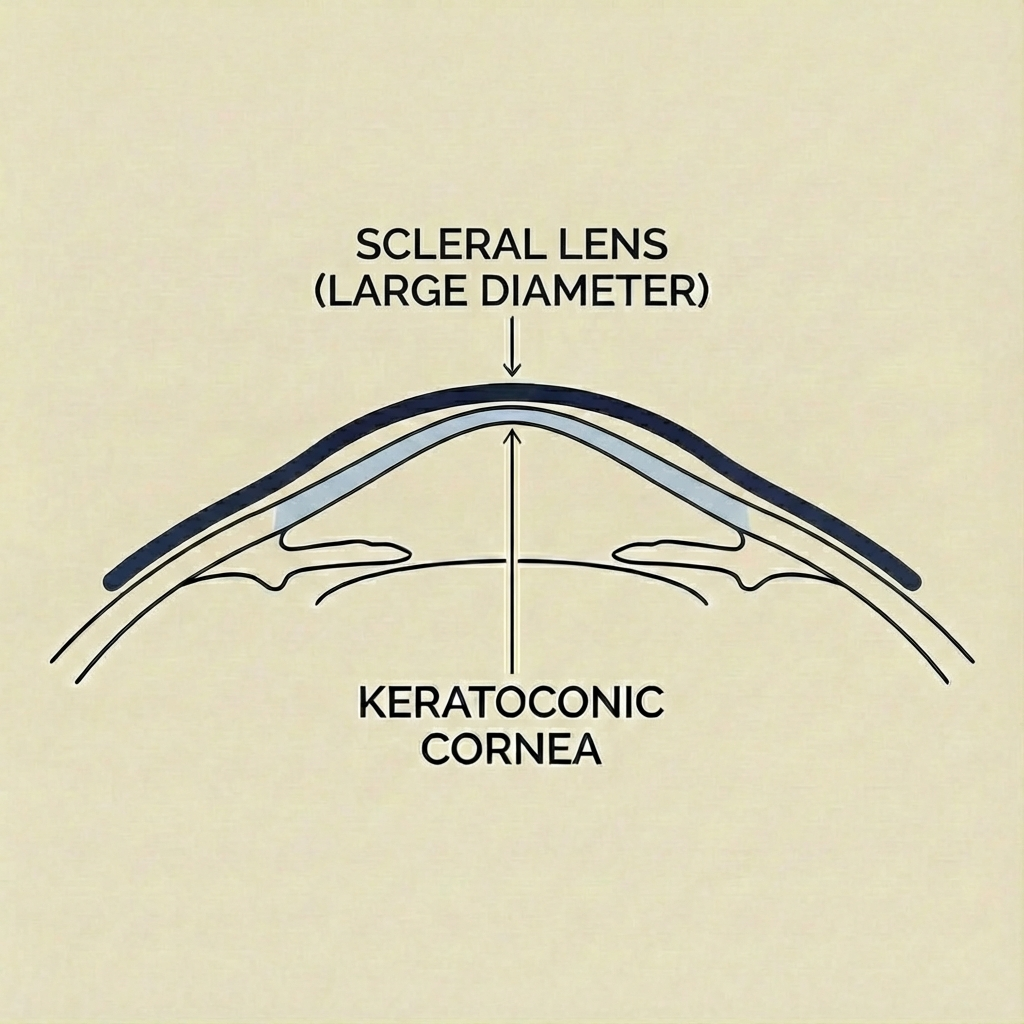 Diagram of an eye highlighting the scleral lens, keratoconic cornea, and large diameter scleral lens fitting over the eye.