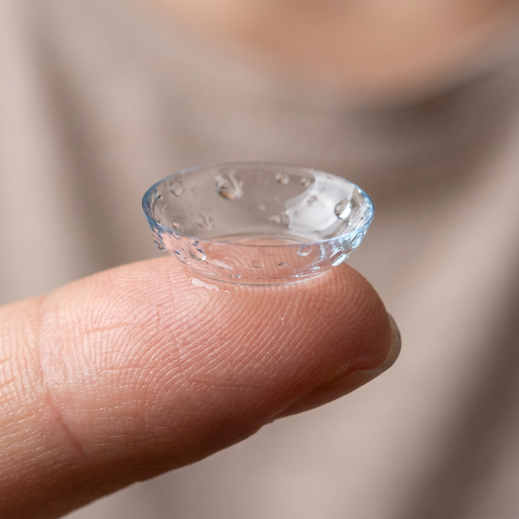 Close-up of a person holding a contact lens on their fingertip, with a blurry background.