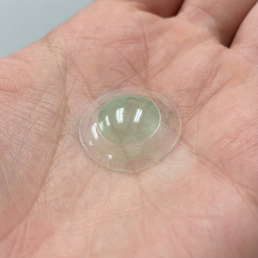 A finger holding a single hybrid contact lens with green central handling tint on a palm of a hand.