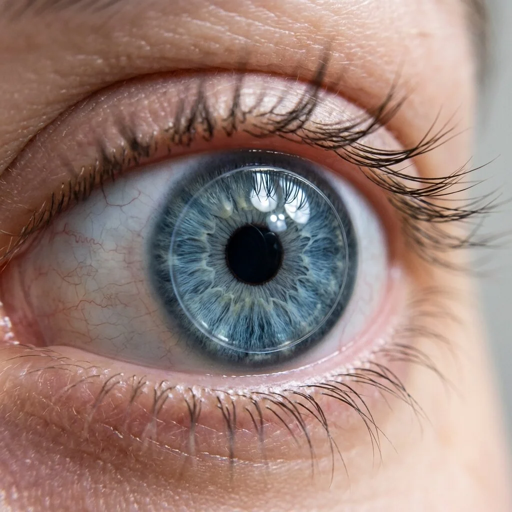 Close-up of a blue eye with detailed iris and long eyelashes, showing reflections on the cornea.