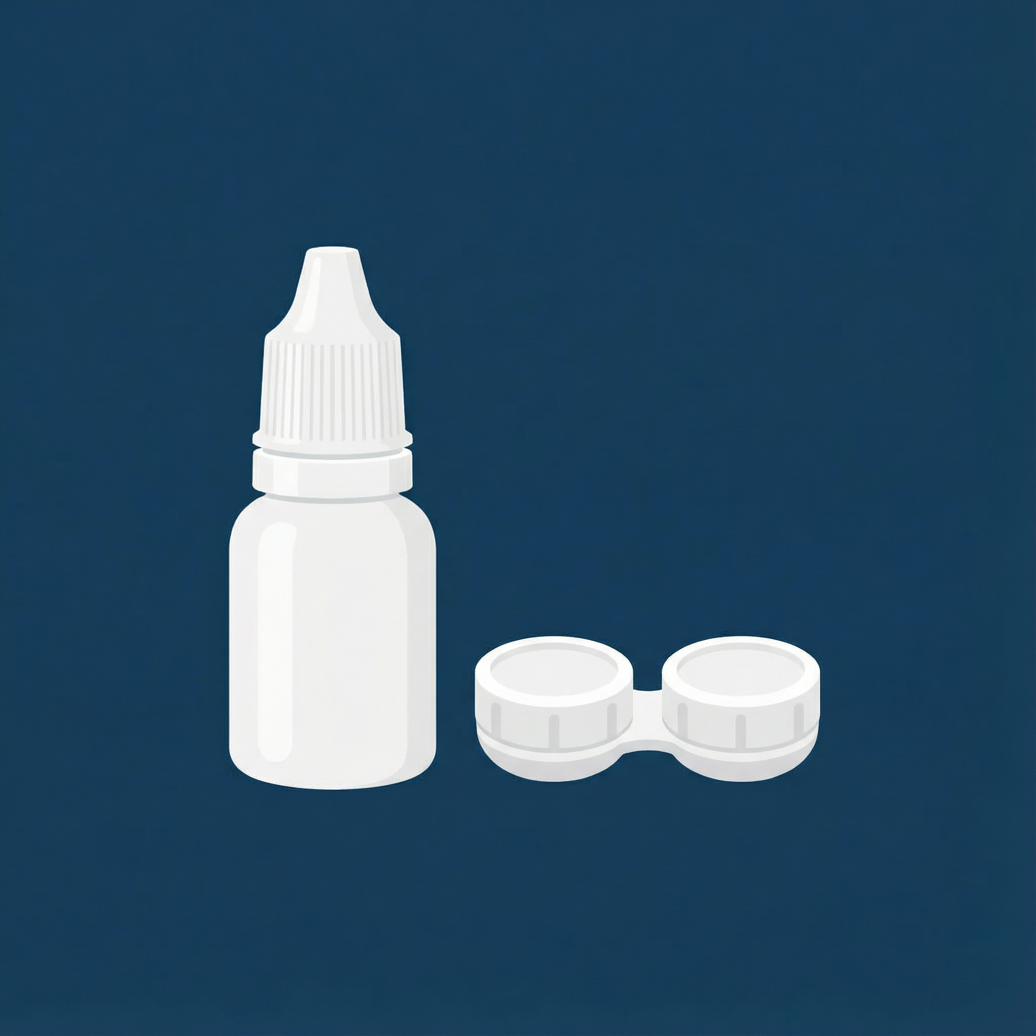 White eye drop bottle with contact lens containers on a dark blue background.