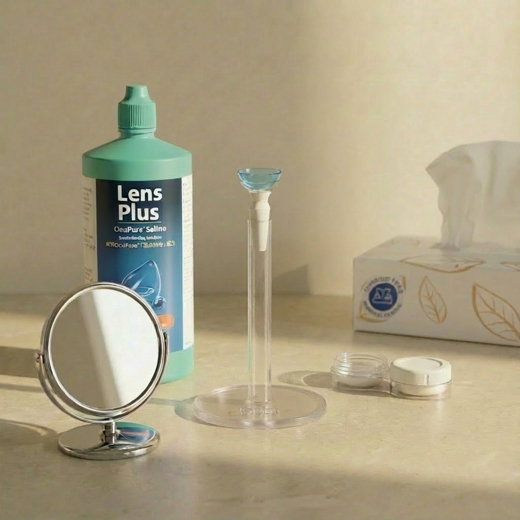 Contact lens solution, a small mirror, contact lens case, and a lens applicator on a table with tissues in the background.