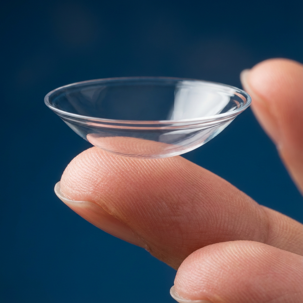 Close-up of a person holding a contact lens on their fingertip with a dark blue background.