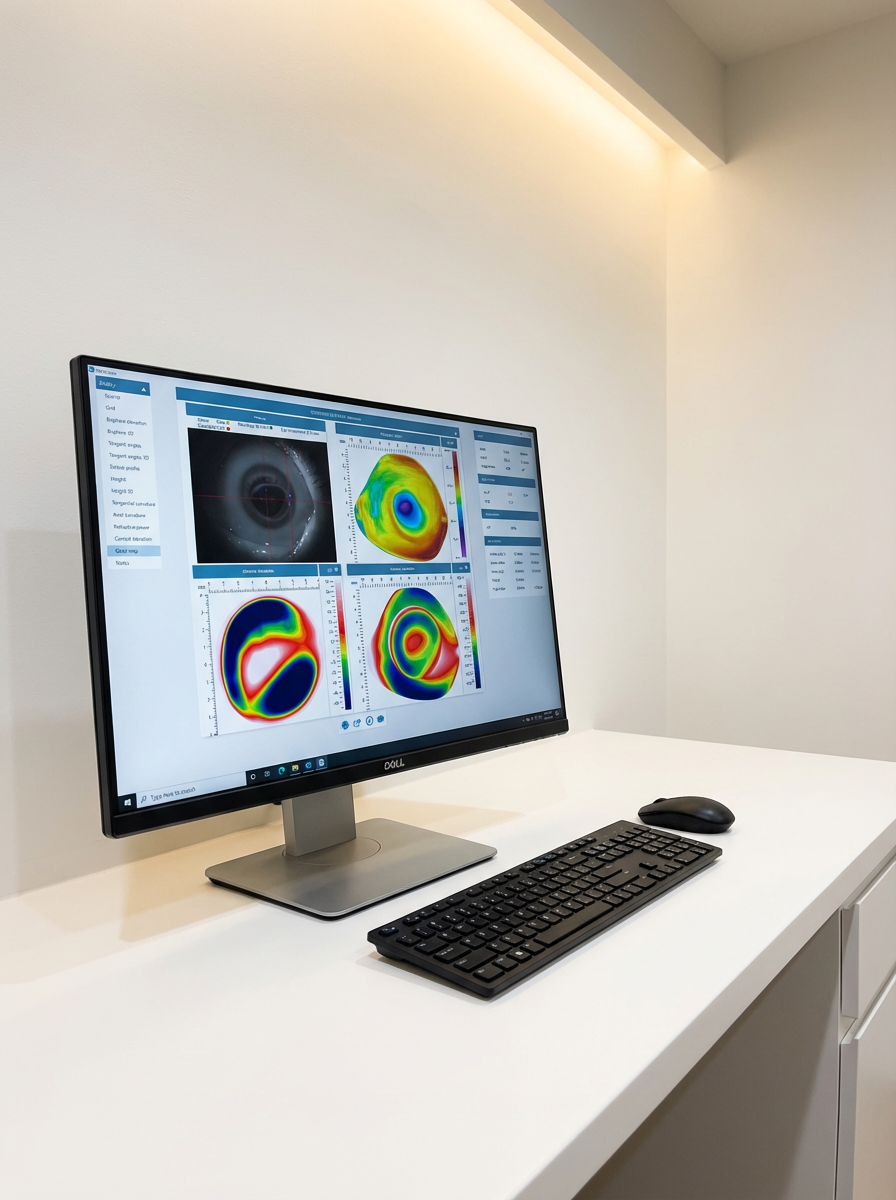 Computer monitor displaying ophthalmology eye scans and analysis, with a keyboard and mouse on a white desk in a clinical setting.