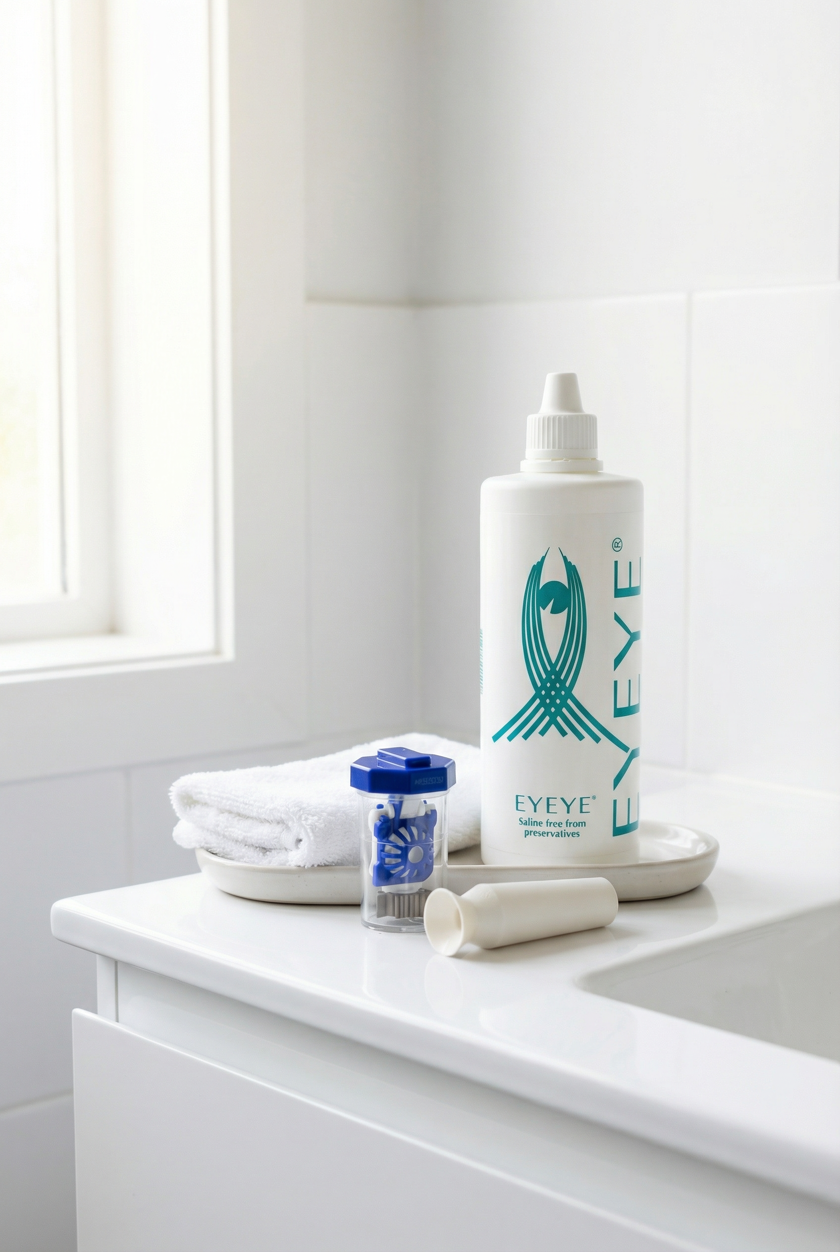 A white bathroom counter with a bottle of saline solution labeled 'EYE', a contact lens case, a small tube, and a white towel, near a window with white blinds.