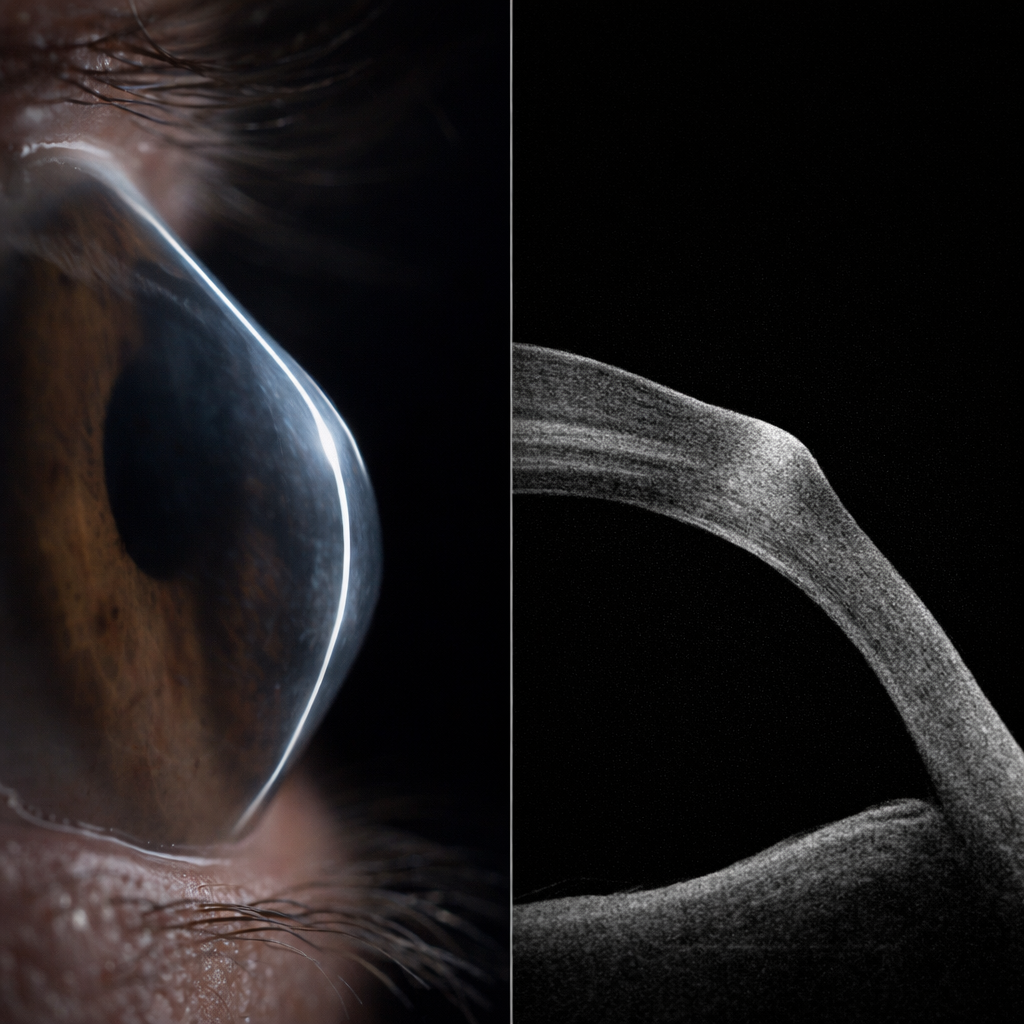 Close-up of a human eye on the left side and OCT scan of cornea with keratoconus