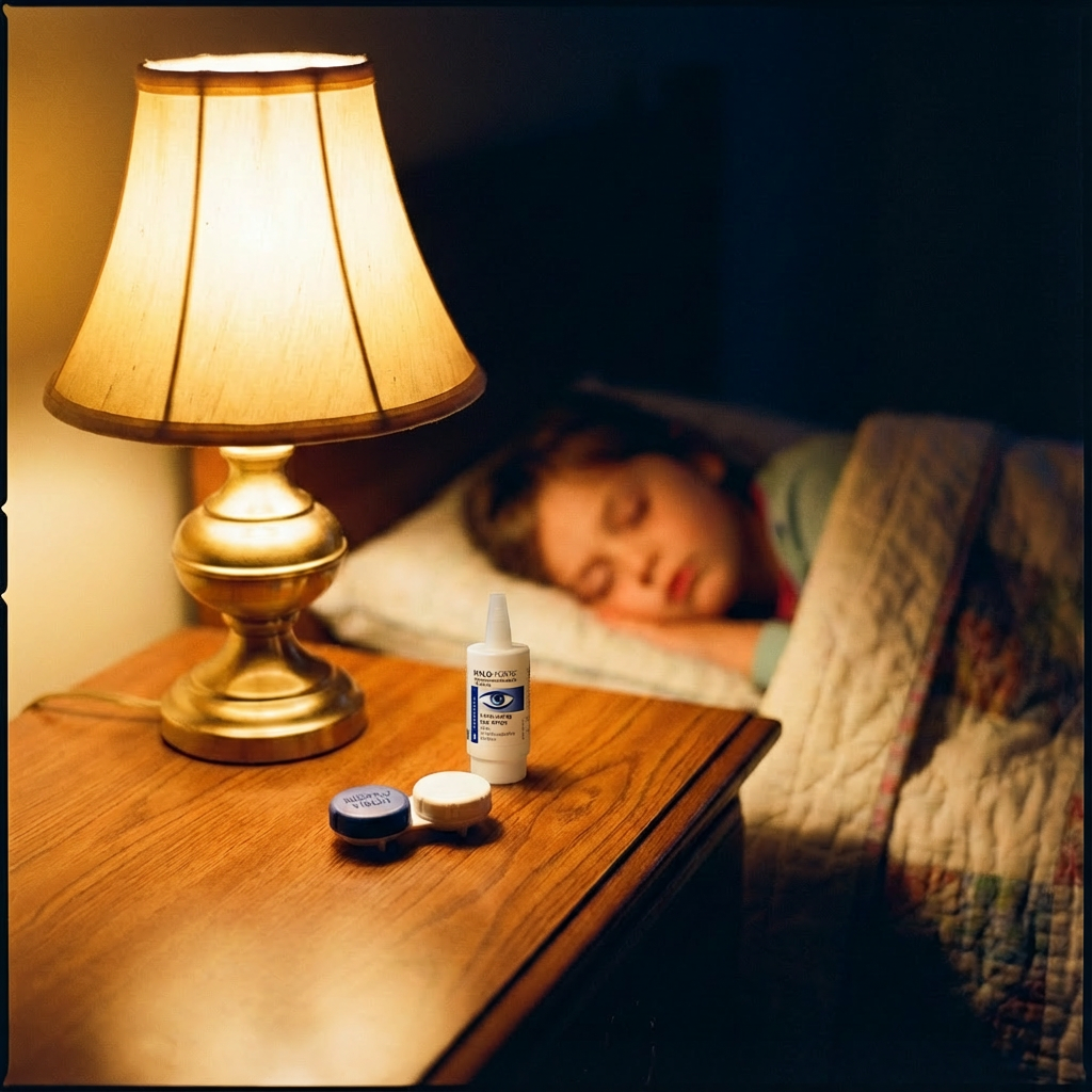 A bedside table with eye drops and contact lens containers, a lamp, and a boy sleeping in bed with a quilt.
