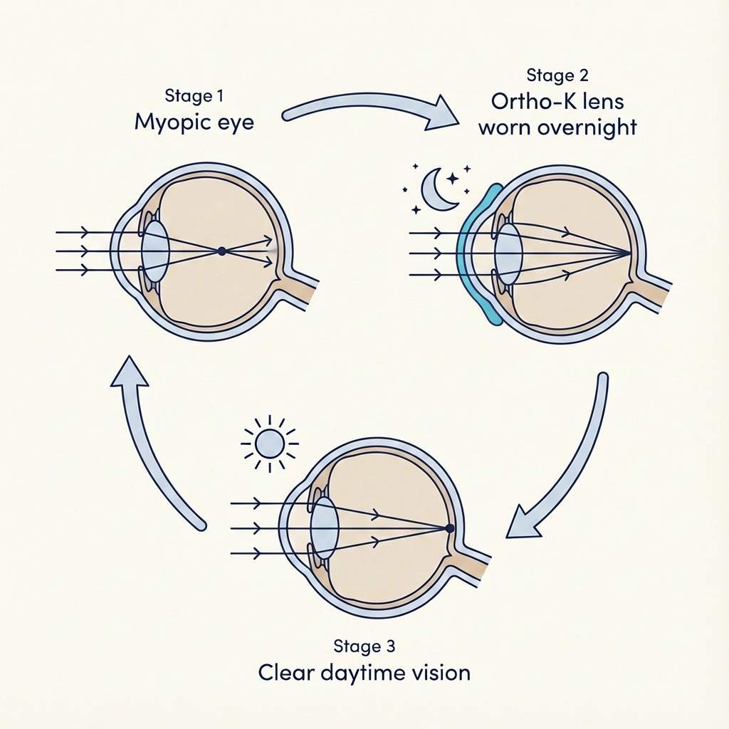 Diagram showing the process of correction for myopic eye using ortho-k lenses. It illustrates three stages: Stage 1 shows a myopic eye with light focusing in front of the retina; Stage 2 shows an eye with ortho-k lens worn overnight, refocusing light onto the retina; Stage 3 shows clear daytime vision with corrected focus.