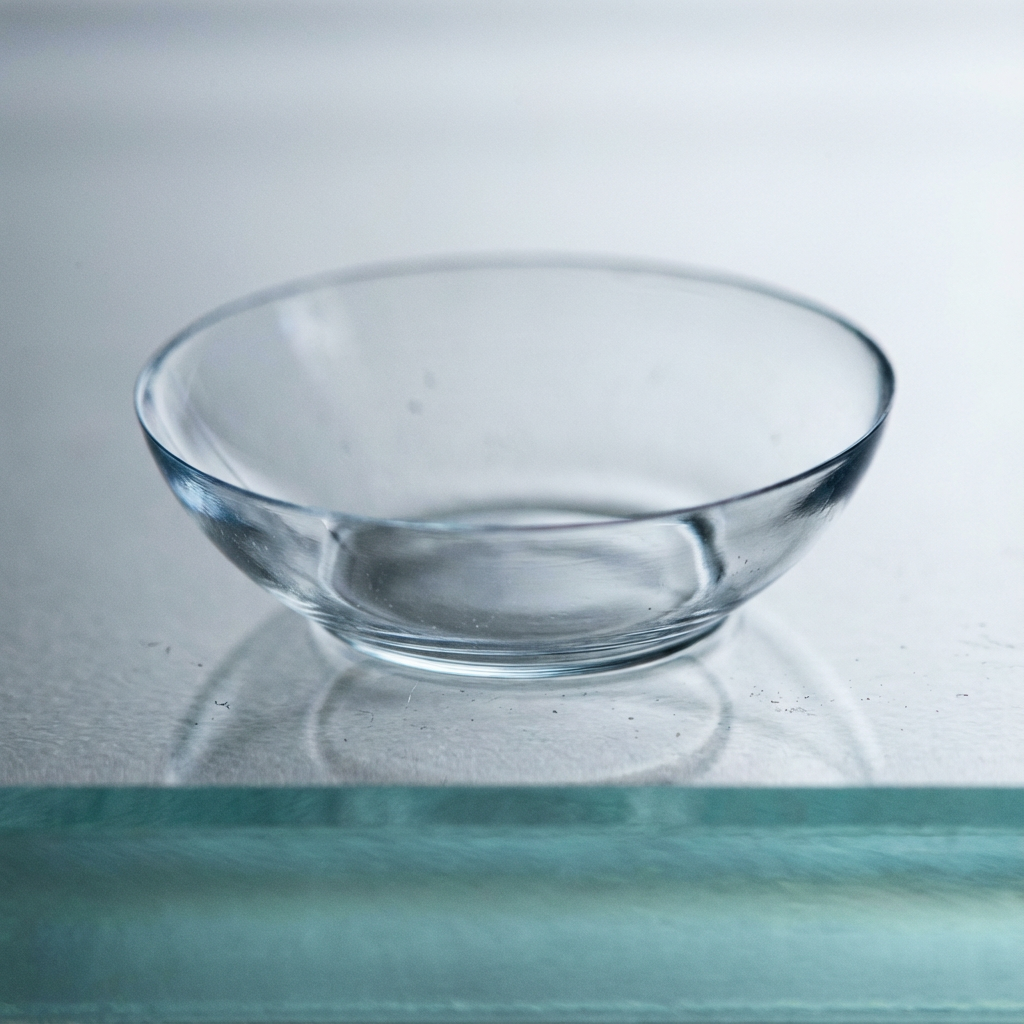 A clear glass bowl on a white surface, with soft lighting highlighting its smooth, round shape.
