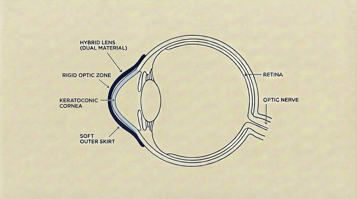 Diagram of the human eye cross-section showing parts like the cornea, iris, retina, and optic nerve.