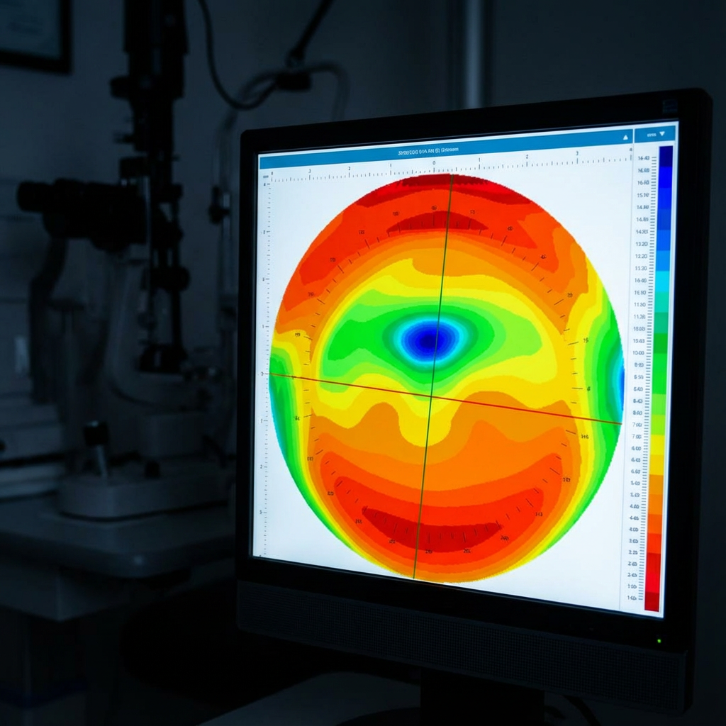 A computer monitor displaying a colorful topographical map or heat map in a scientific or medical laboratory setting.