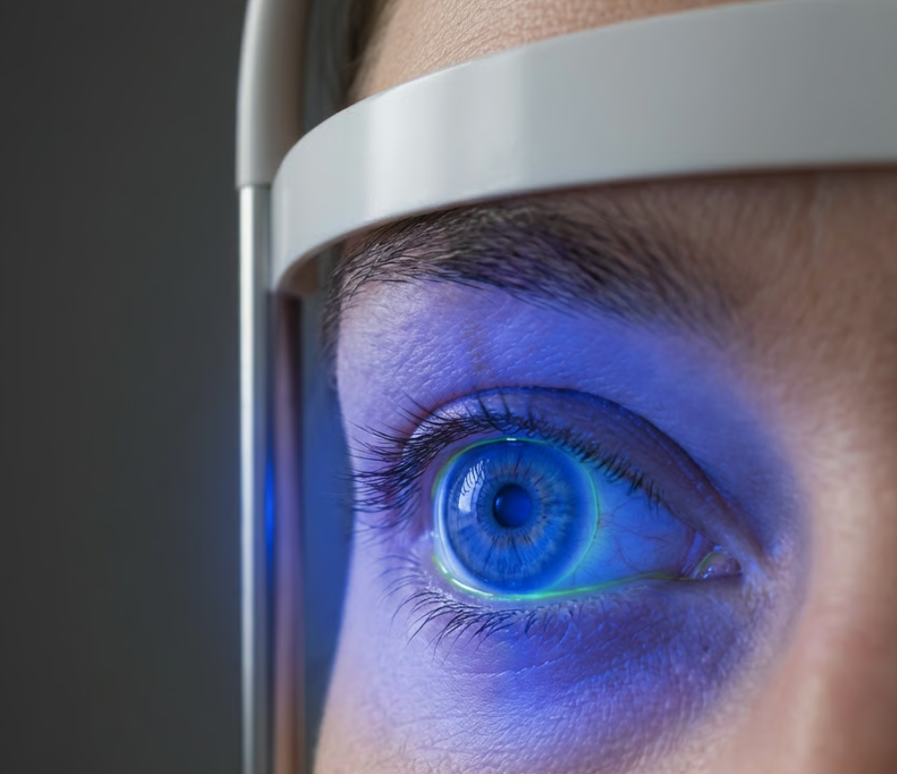 Close-up of a human eye with a futuristic eye scan device in use, showing a glowing blue iris and digital overlay.