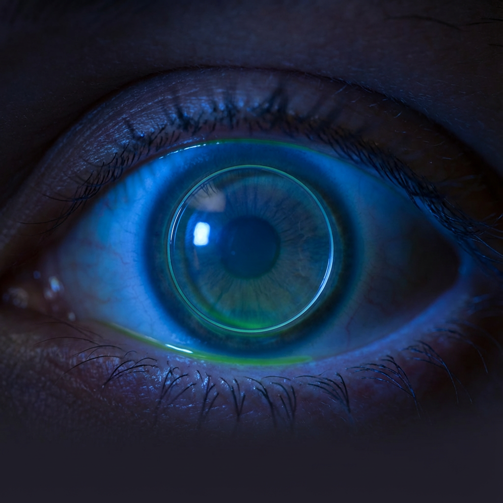 shot of RGP lens on cornea under blue light and fluorescein dye.