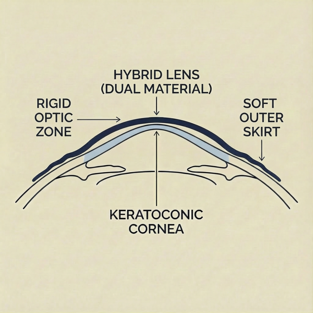 Diagram of a human eye cross-section showing the cornea, hybrid lens, rigid optic zone, soft outer skirt, and keratoconus cornea.
