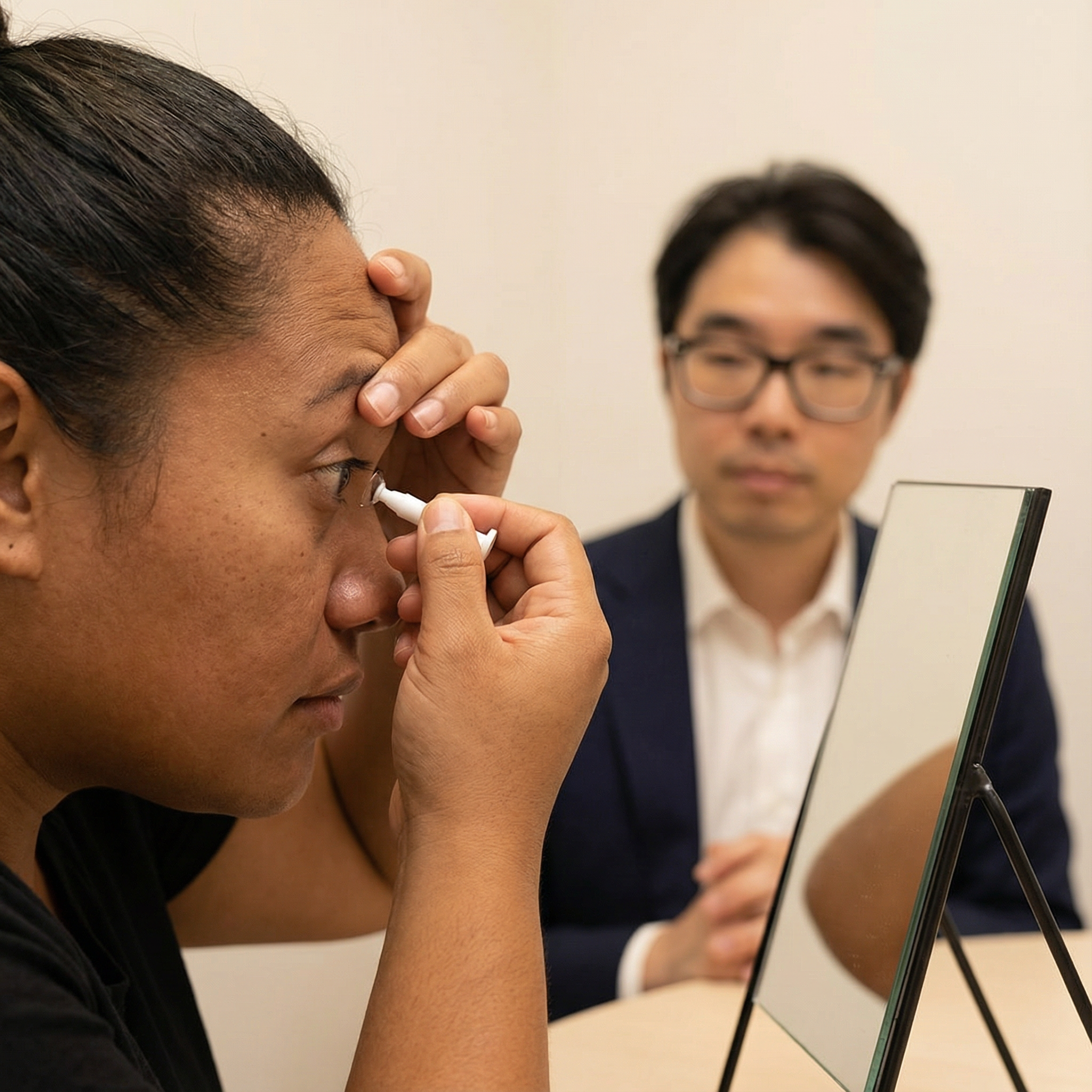 A woman is applying eye drops with a dropper while looking into a mirror, with a man observing in the background.