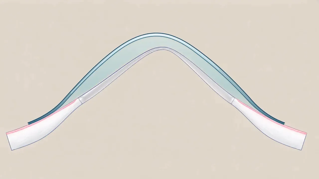 Representative scleral contact lens vaulting the same keratoconic cornea over an external fluid reservoir, with peripheral landing over the sclera.