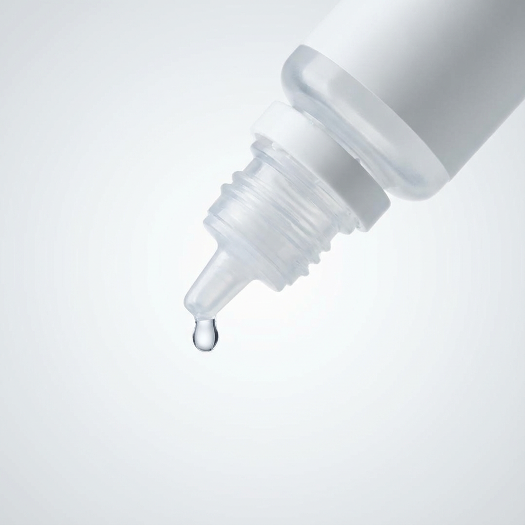 Close-up of a clear plastic dropper with a drop of liquid falling from its tip, against a white background.