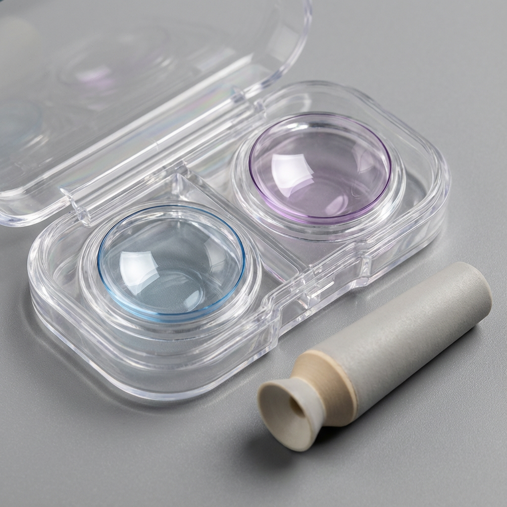A contact lens case with two compartments, one with a blue tint and the other with a purple tint, a small white vial or container on a gray surface.
