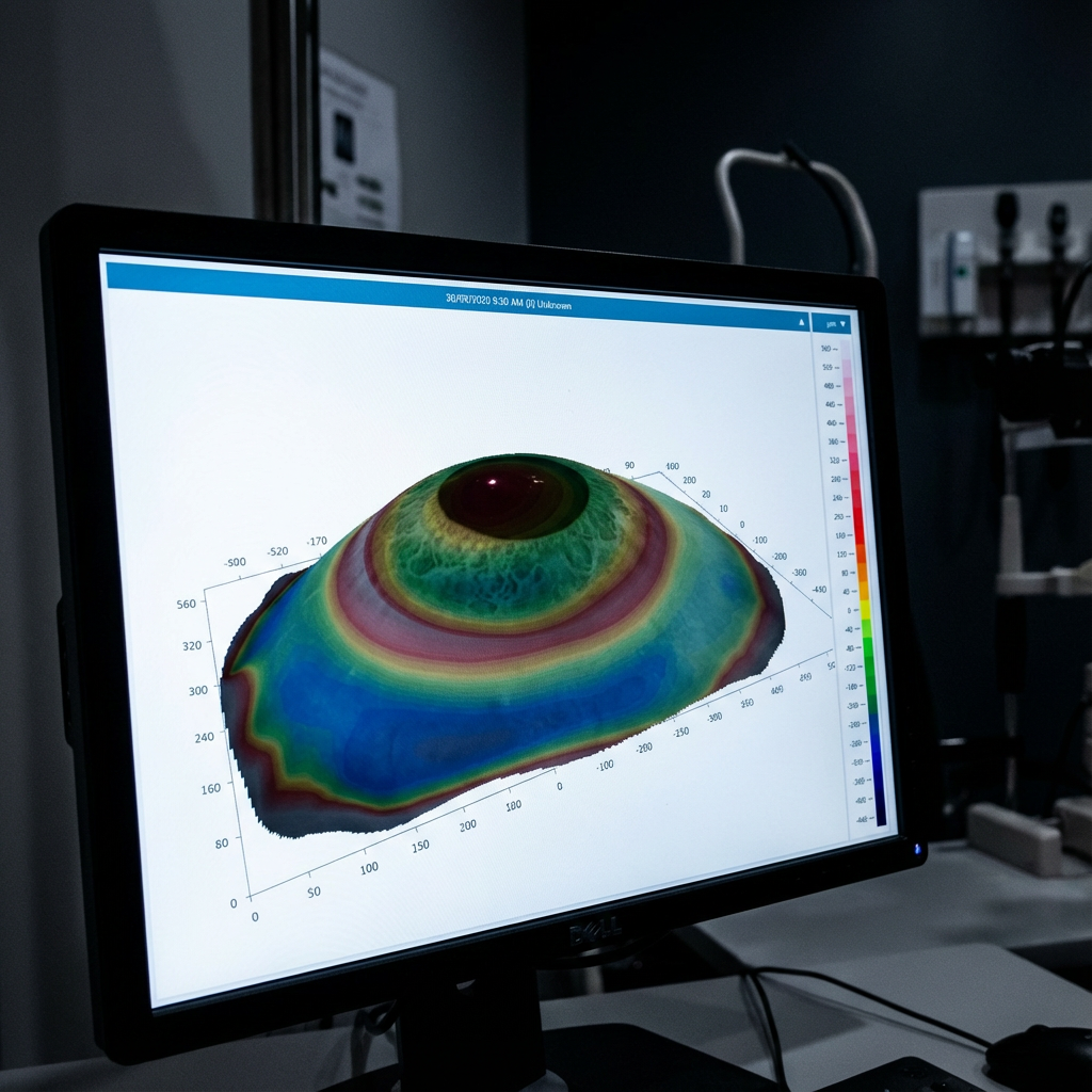 Medical computer scan displaying a 3D colorful model of a human eye.