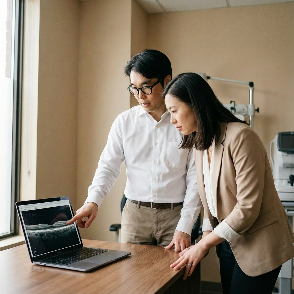 A man and woman reviewing an ultrasound scan on a laptop in a medical office.