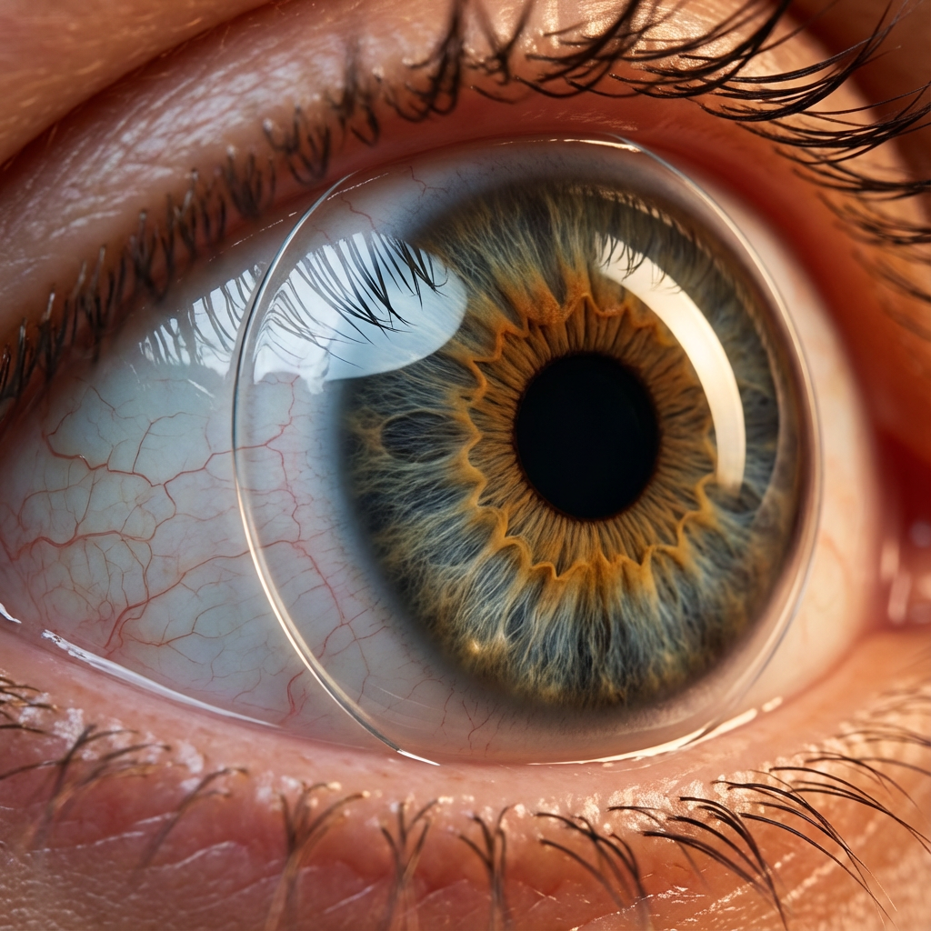 Close-up of a human eye with colorful iris and a contact lens