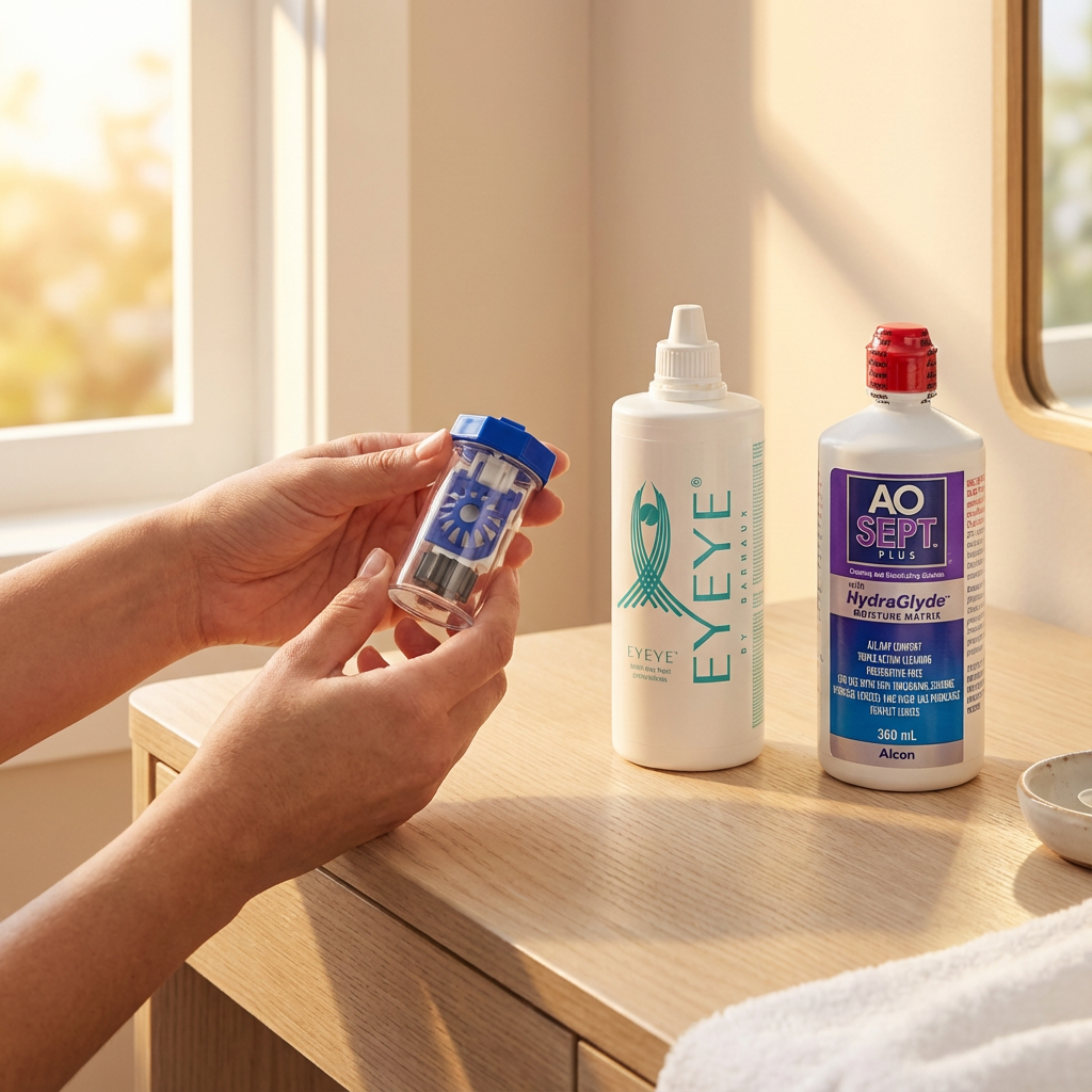 Person holding a contact lens case with eye care products, including eye drops and a contact lens solution, on a wooden table near a window.