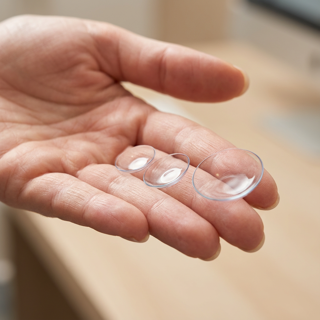 Person holding three empty contact lenses on their hand.