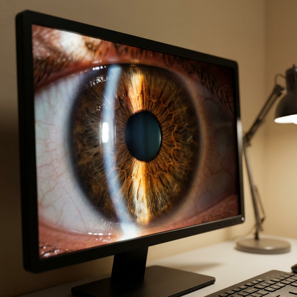 Close-up of a computer monitor displaying a detailed digital image of a human eye.