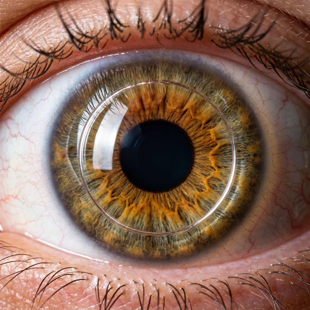 Close-up of a human eye with an orange and brown iris, surrounded by eyelids and eyelashes, and a contact lens