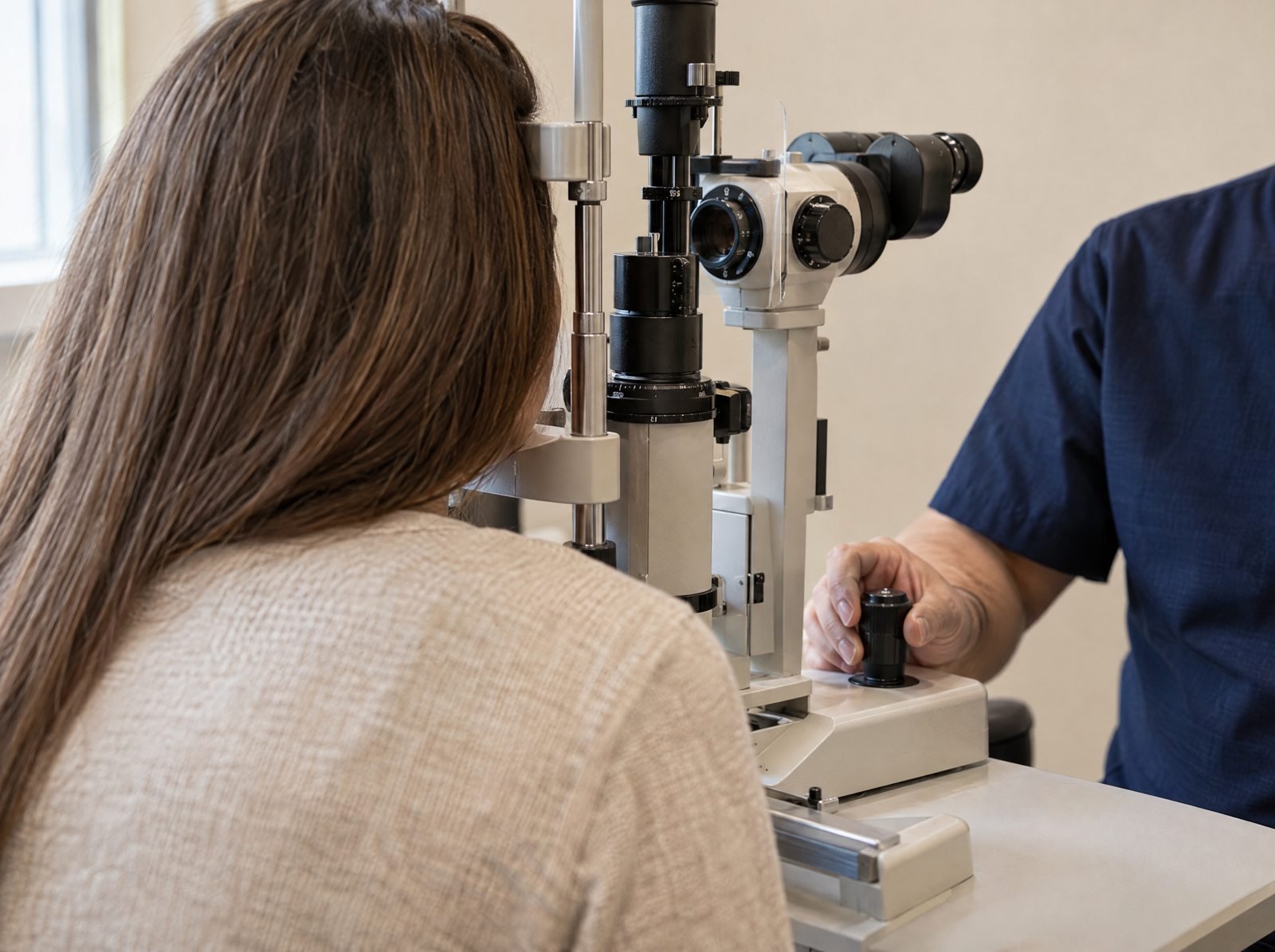 AI-generated faceless illustration of an adult patient seen from behind at a slit lamp while a clinician in navy adjusts the base control. Illustrative preparation for an eye assessment; no actual clinic staff or patients are shown.